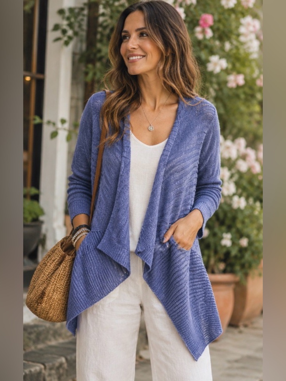 Eileen Fisher Coastal linen Grandma Open Front Asymmetrical Waterfall Cardigan